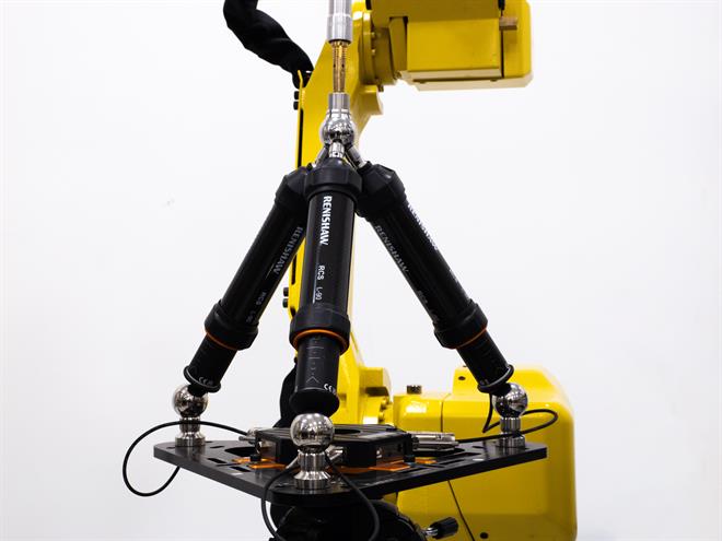 Renishaw 的工業自動化機器人診斷系統 RCS T-90 安裝在運作中的機器人單元之中。