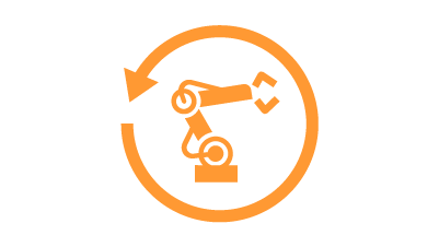 圓形箭頭內的橘色工業機器人圖示